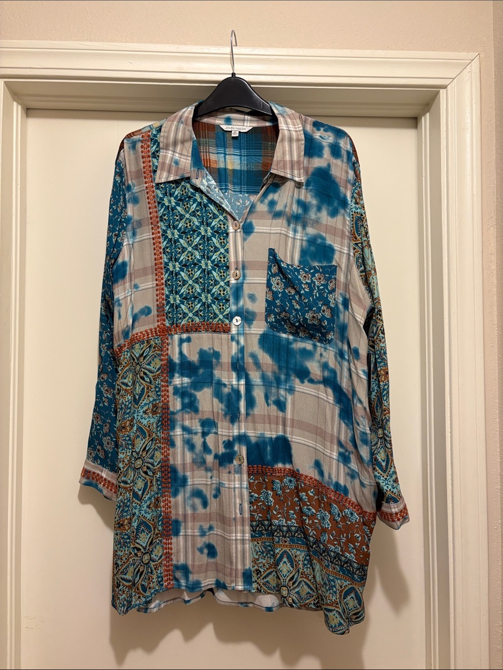 John Mark Teal, Brown, Cream Patchwork Button-Down Shirt